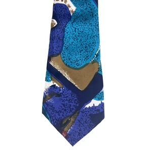 Milano Mens Silk Necktie Blue Teal Olive Brown Abstract Painting Silk Tie 60x4